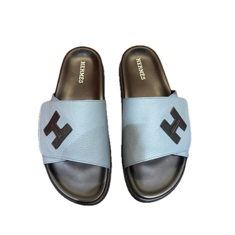 Hermès Classic H Casual Style Dusty Blue Slide Sandals