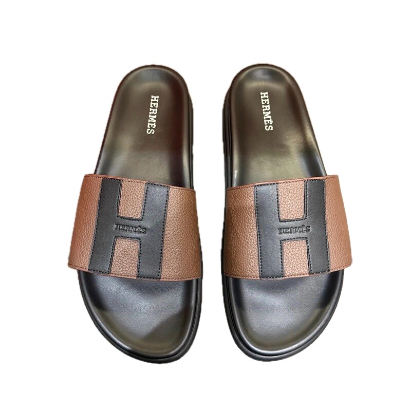 Hermès H Collection Minimalist Black & Brown Color-block Slide Sandals