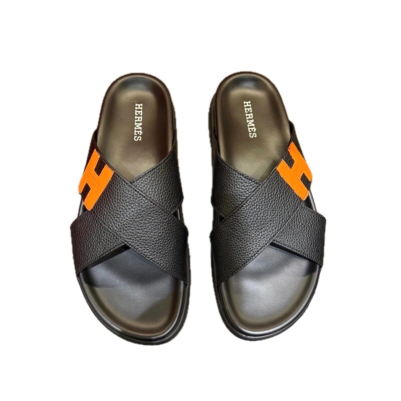 Hermès H-logo Casual Style Black and Orange Color-block Slides