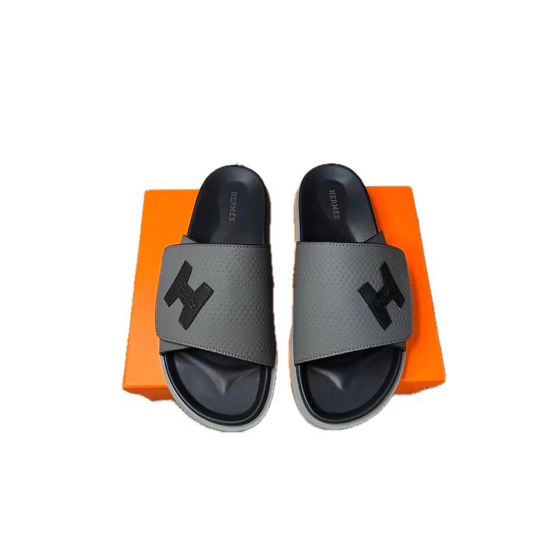 Hermès H-logo Casual Style Grey and Black Slides