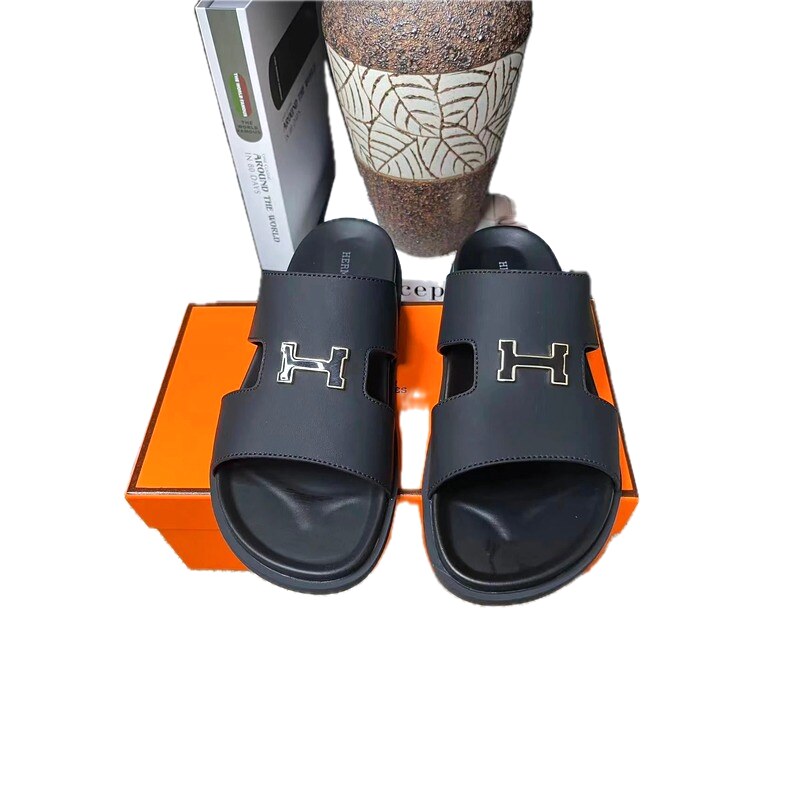 Hermès H Series Light Luxury Style Black Slide Sandals