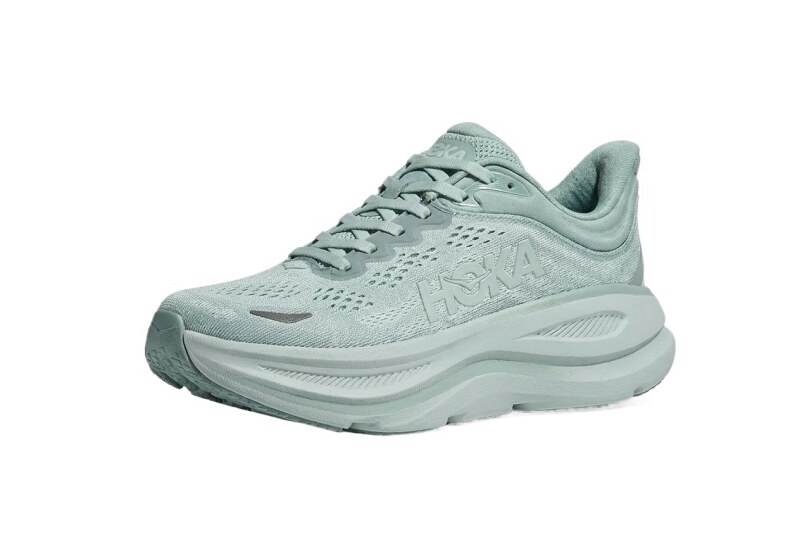 HOKA retro-style light gray running shoes
