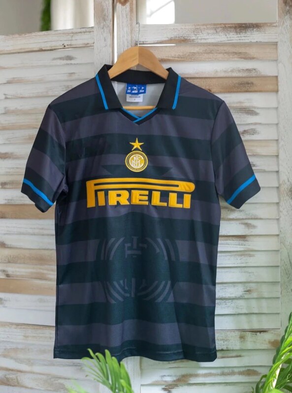 Inter Milan Urban Brehme #3 soccer jersey Blue Black Striped with Statement Pattern