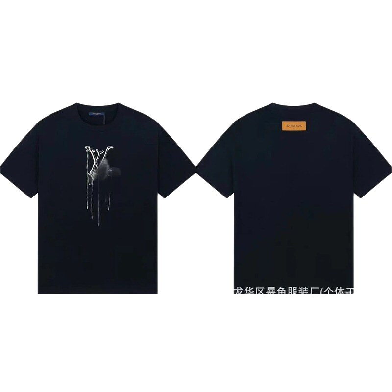 Louis Vuitton Chain Print Trendy & Cool Style Black T-Shirt