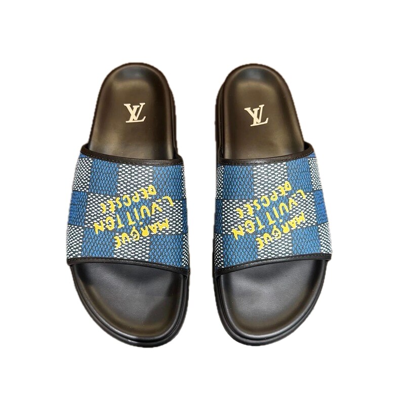 Louis Vuitton Checkerboard Graffiti Style Blue and Black Slides