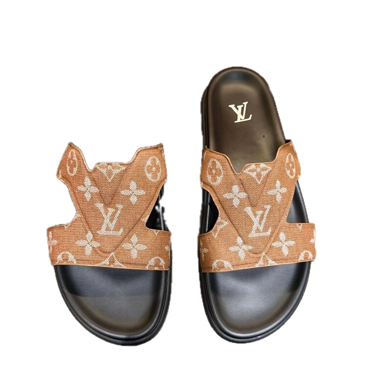 Louis Vuitton Classic Monogram Casual Style Brown and Black Slippers