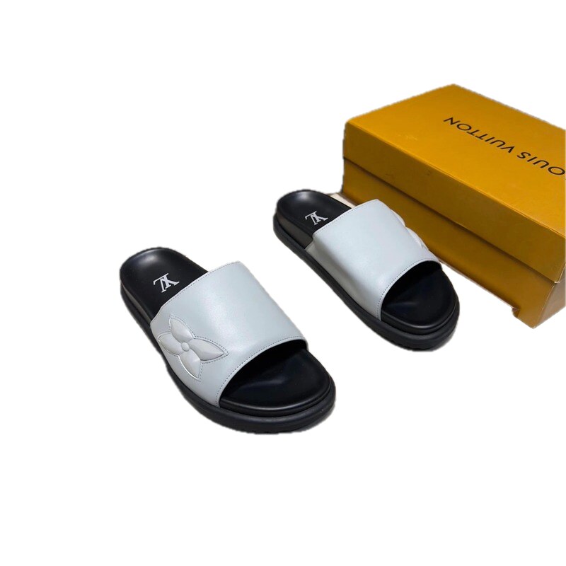 Louis Vuitton Classic Monogram Casual Style Light Gray Slide Sandals