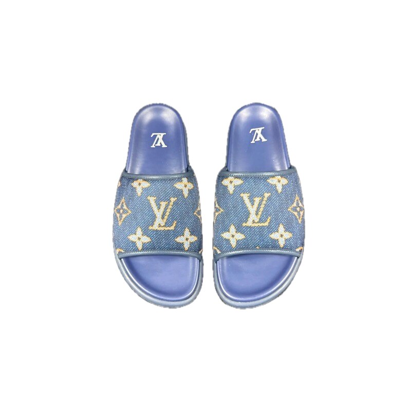 Louis Vuitton Classic Monogram Vintage Style Blue Slide Sandals