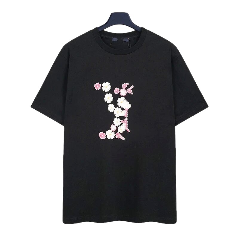 Louis Vuitton Floral Embroidered Casual Black Short-sleeved T-shirt