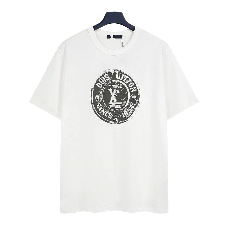 Louis Vuitton Vintage-style Distressed Stamp Print White T-Shirt