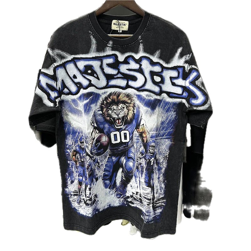 MAJESTIK American Retro Lion Printed Black Short-sleeve T-shirt