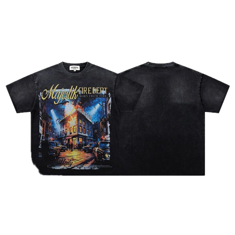 MAJESTIK Fire Department Vintage Distressed Black Printed T-shirt