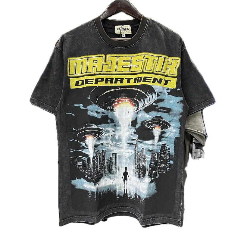 MAJESTIK Flying Saucer Print Vintage Washed Black T-Shirt