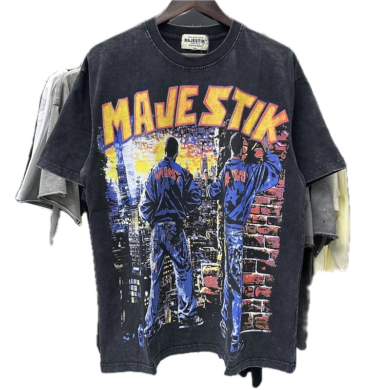 MAJESTIK Printed Vintage Distressed Black T-Shirt