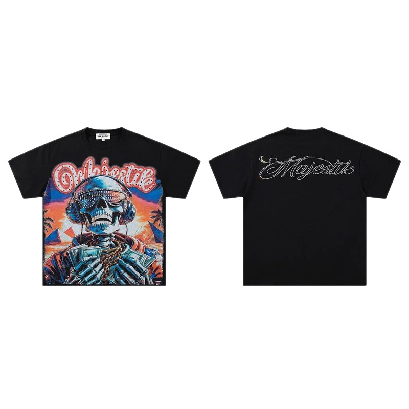 MAJESTIK Skull Print Hip-hop Style Black T-shirt