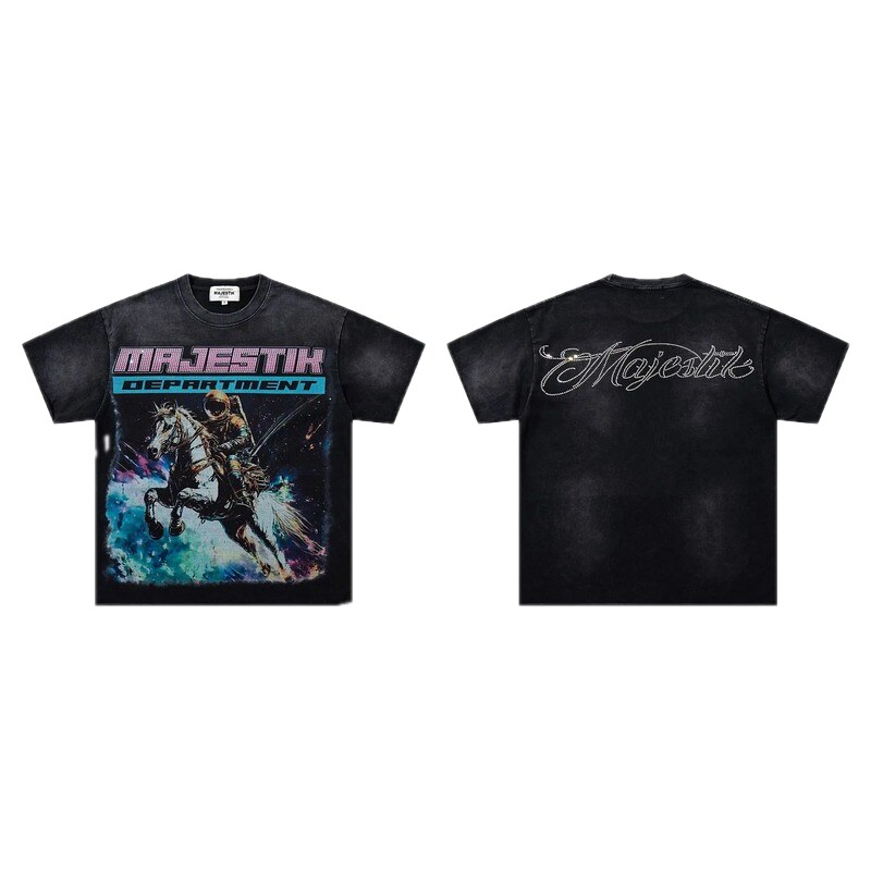 MAJESTIK Space Print Vintage Distressed Black T-Shirt
