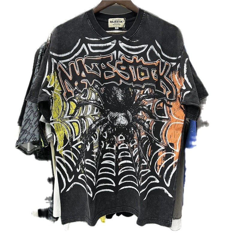 MAJESTIK Spider Street Style Distressed Black Short-sleeve T-Shirt