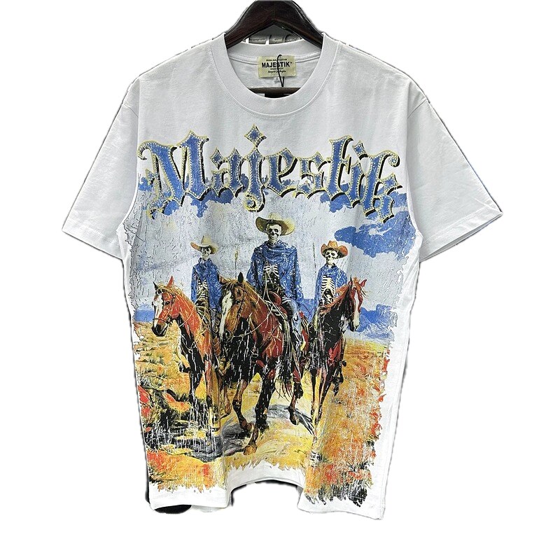 MAJESTIK Western Cowboy Vintage Style White T-Shirt