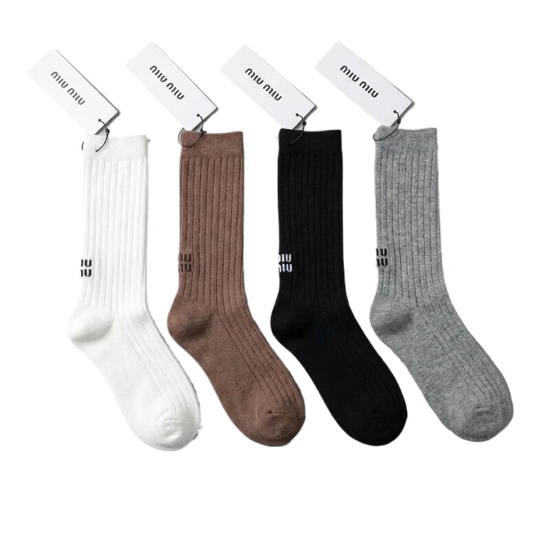 MiuMiu Solid Color Trendy Socks (White/Brown/Black/Gray)