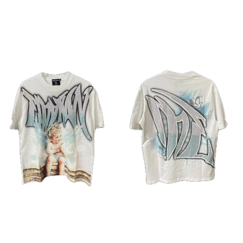 Mixed Emotion Angel Rhinestone Street-style White T-Shirt