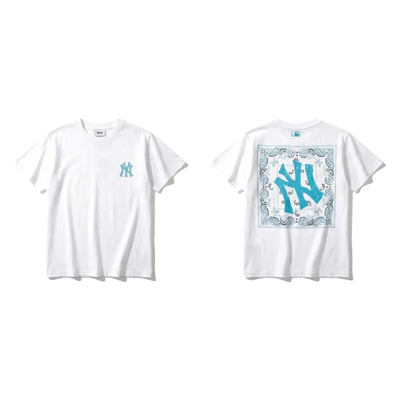 MLB retro-style white T-shirt with cashew flower pattern