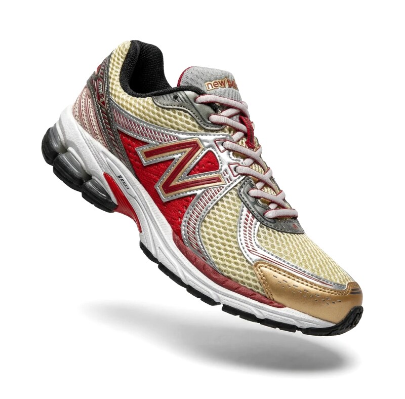 New Balance retro-style red and yellow sports shoes