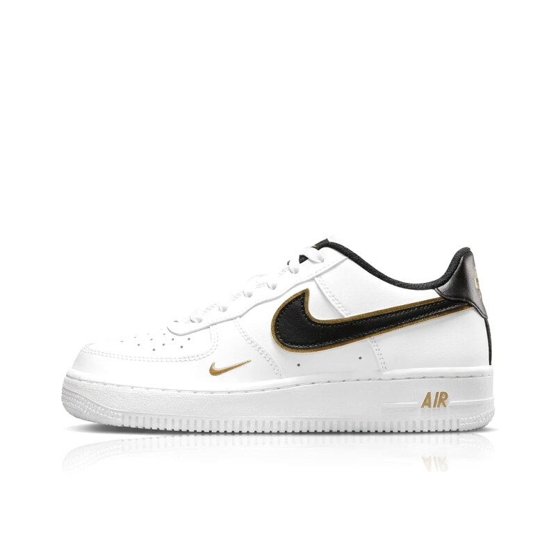 Nike Air Force 1 black, white and gold sports shoes.