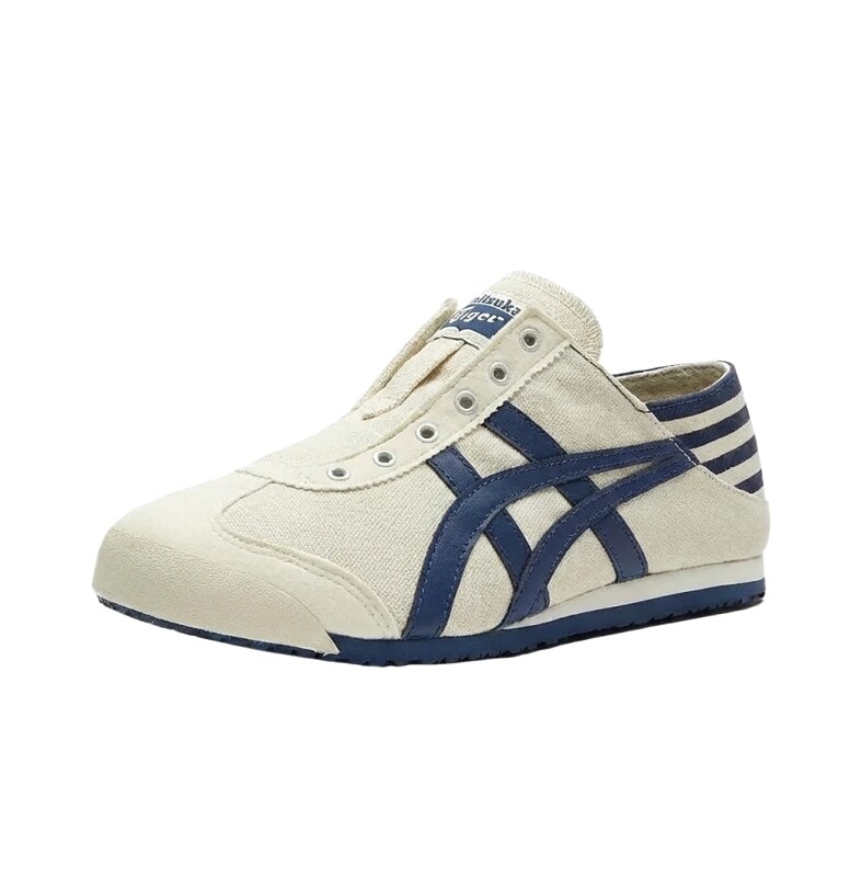 Onitsuka Tiger retro-style blue and white shoes.