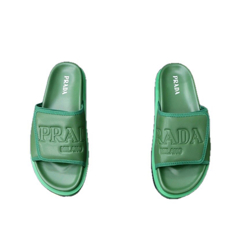 Prada Embossed Light Luxury Style Green Slide Sandals