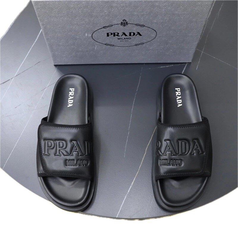 Prada Embossed Trendy Cool Style Black Slippers