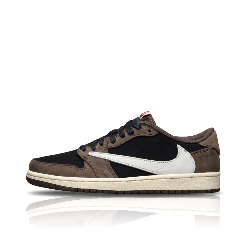 Retro-style black and brown Jordan AJ1 shoes.