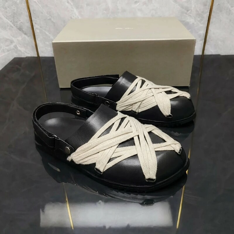 Rick Owens cross-strap dark style slippers