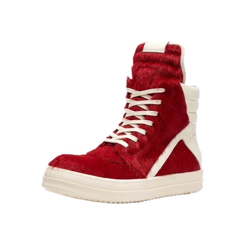 Rick Owens punk-style red and white high-top shoes