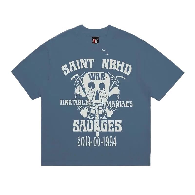 SAINT Skull Print Vintage Grey-Blue Short Sleeve T-Shirt
