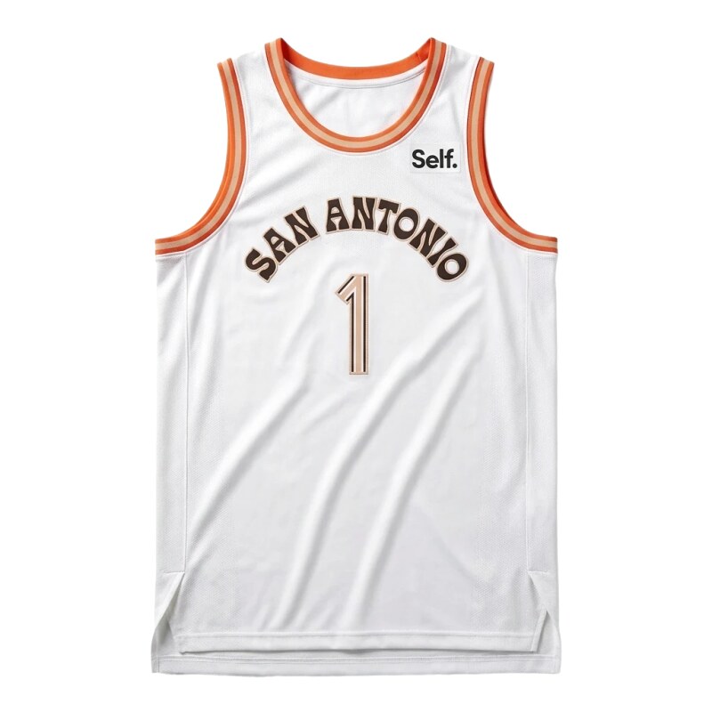Self. Spurs white and orange basketball jersey