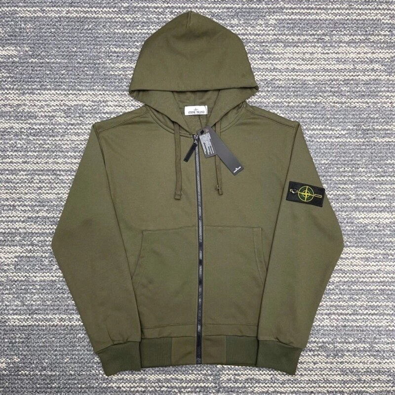 Stone Island Army Green Zip Hoodie Streetwear Look