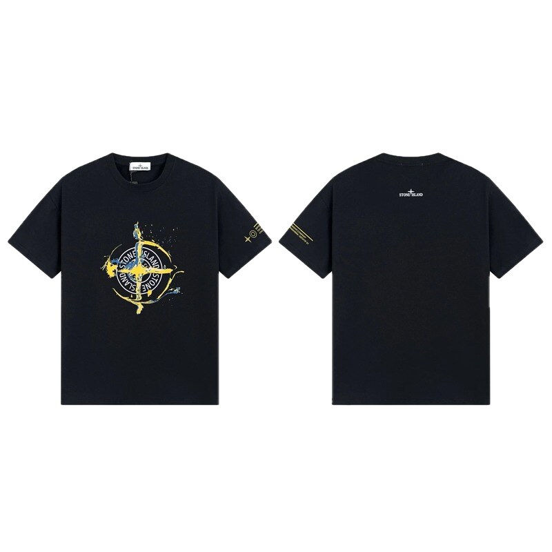 Stone Island Ink-splattered Street Style Black Short-sleeve T-shirt