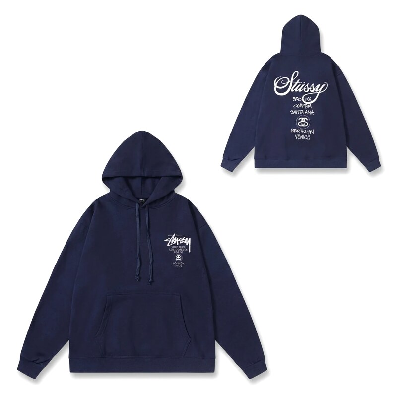 Stussy classic style, simple navy blue hoodie