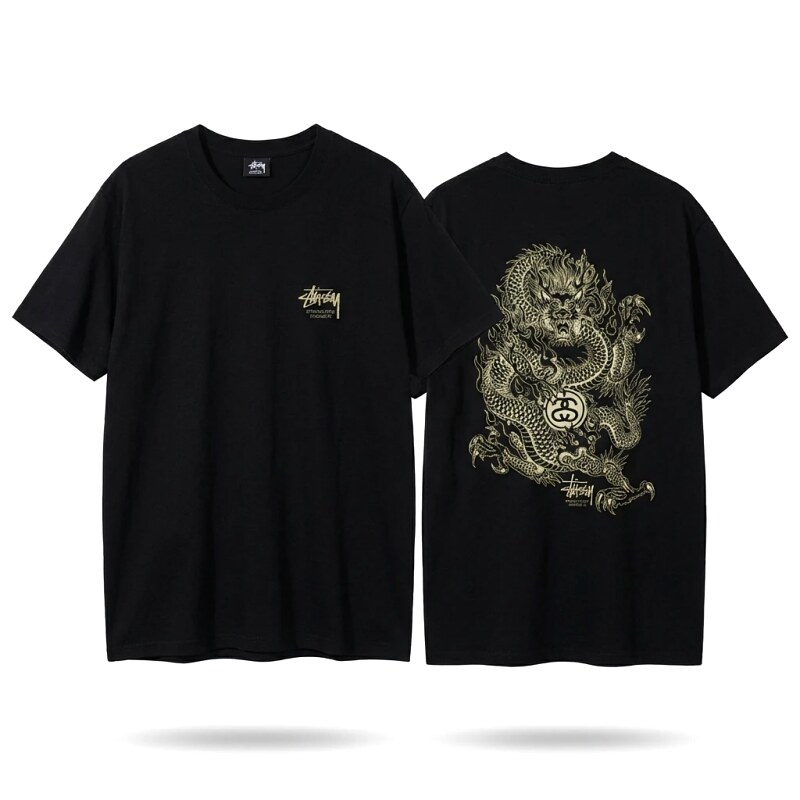Stussy Dragon Pattern Chinese Style Black T-shirt