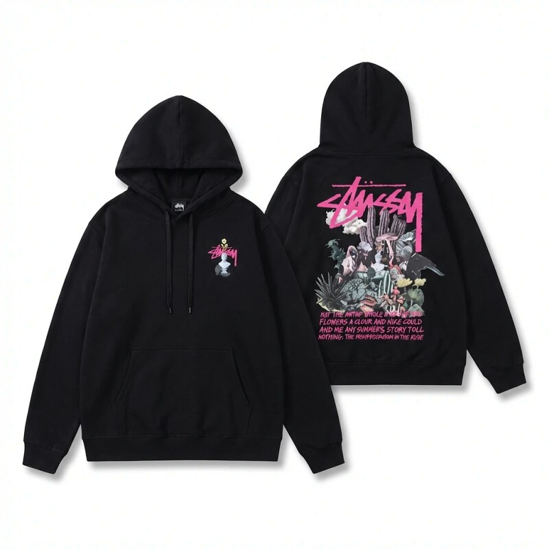 Stussy-printed trendy black sweatshirt