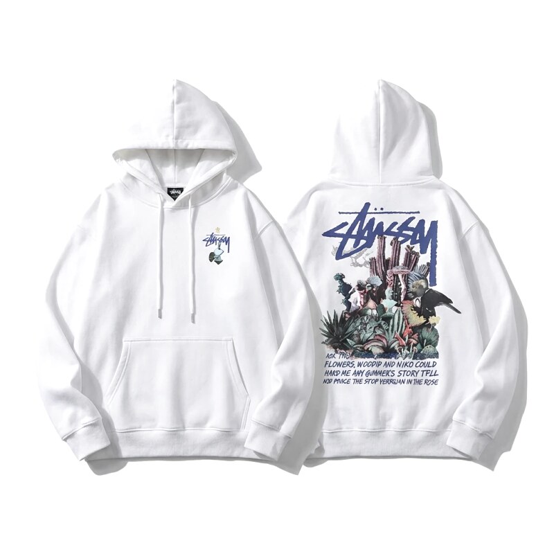 Stussy-printed trendy white hoodie