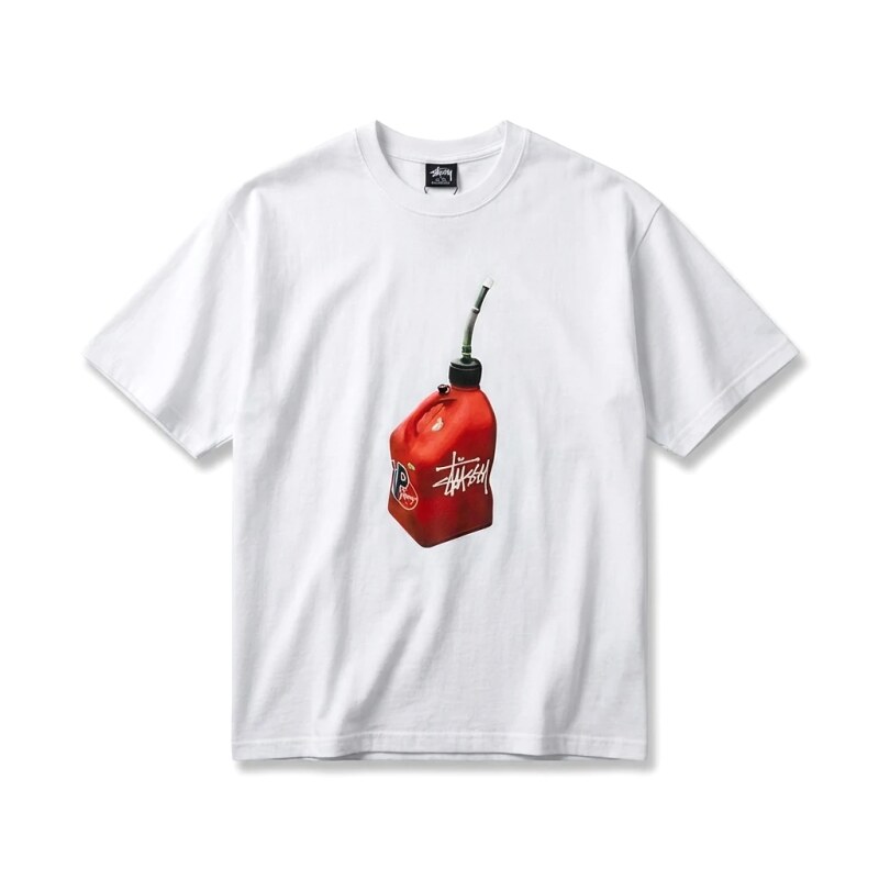 Stussy white T-shirt with red oil barrel print