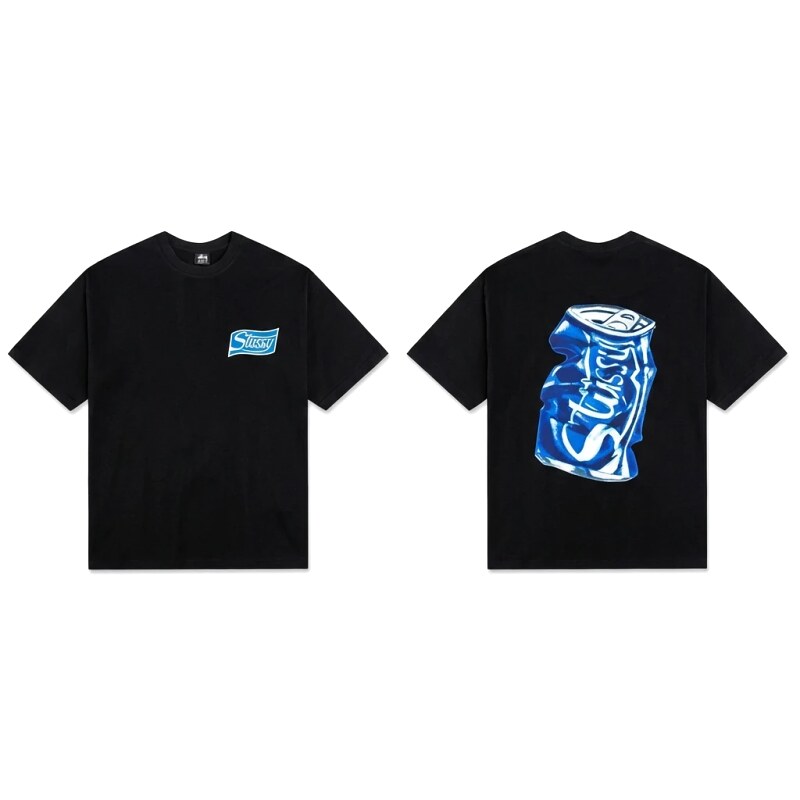 Stussy's black T-shirt with a can-style design