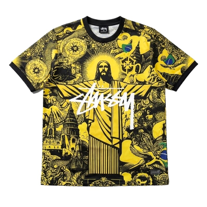 Stussy's religious-style yellow and black short-sleeve T-shirt