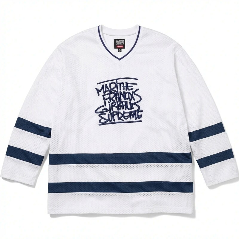 Supreme graffiti-style white and blue jersey