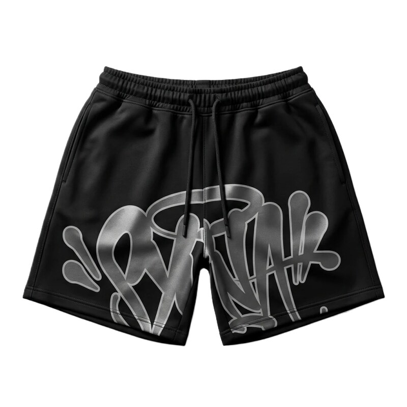 SynaWorld graffiti-style black shorts