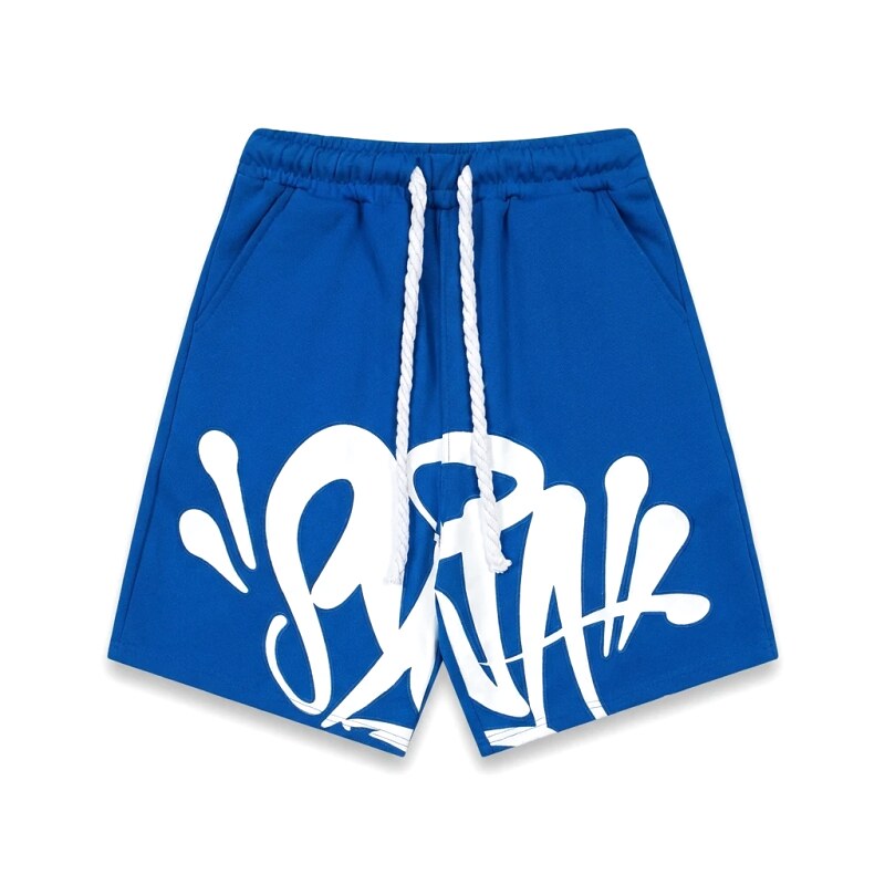 SynaWorld graffiti-style blue shorts
