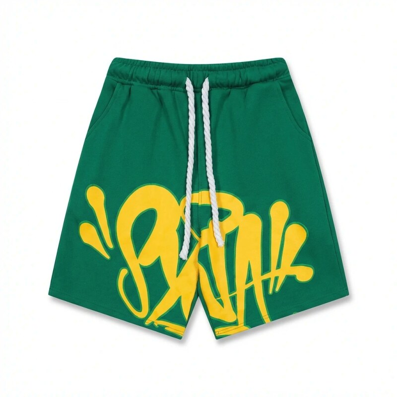 SynaWorld graffiti-style green shorts