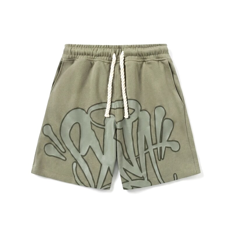 SynaWorld graffiti-style military green shorts