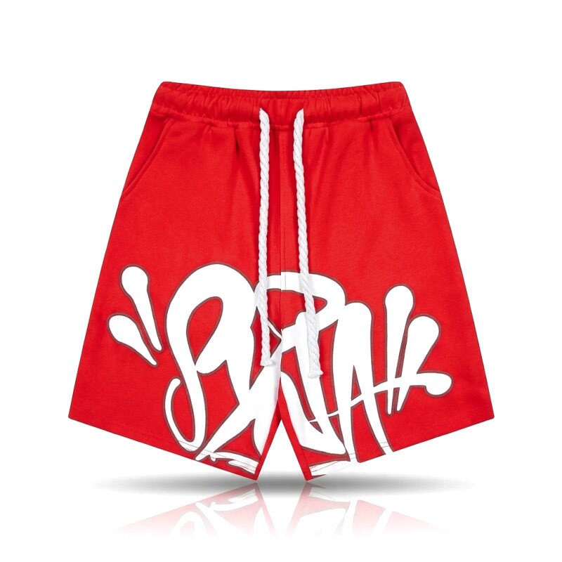 SynaWorld graffiti-style red shorts